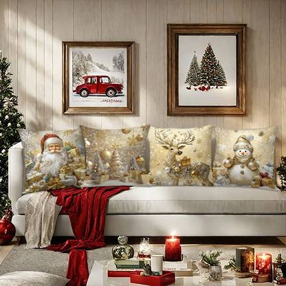 Set of 4 Golden Christmas Theme Pillow Covers