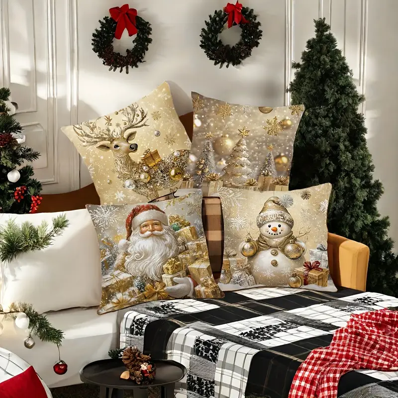 Set of 4 Golden Christmas Theme Pillow Covers