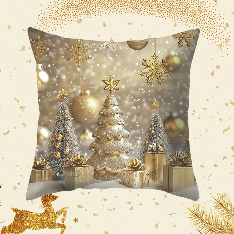 Set of 4 Golden Christmas Theme Pillow Covers