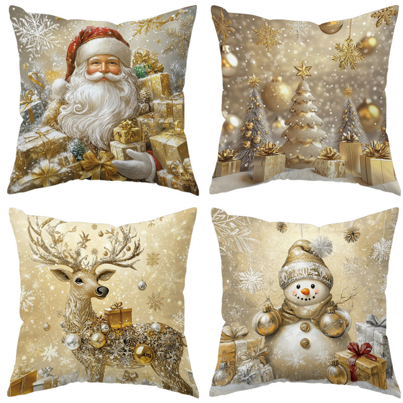 Set of 4 Golden Christmas Theme Pillow Covers
