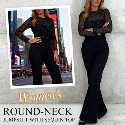 Women’s Round-Neck Jumpsuit with Sequin Top