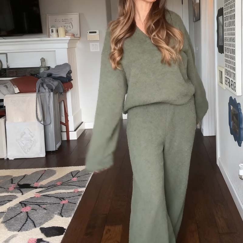 Women's Casual V-Neck Pullover and Pants Set
