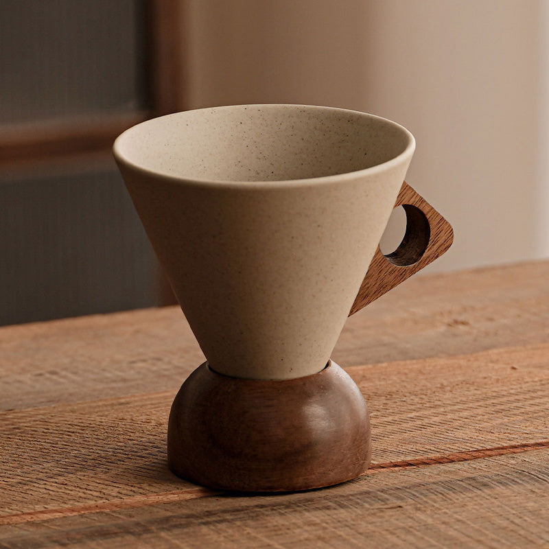Vintage Coffee Mug with Wooden Handle & Saucer