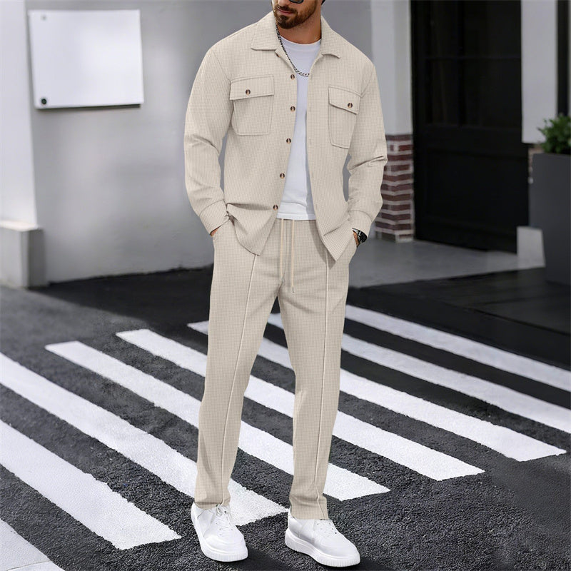 🔥 Men's Waffle Button-Up Jacket & Trousers Set – Breathable Waffle Knit, Relaxed Fit & Effortless Casual Style 👕👖