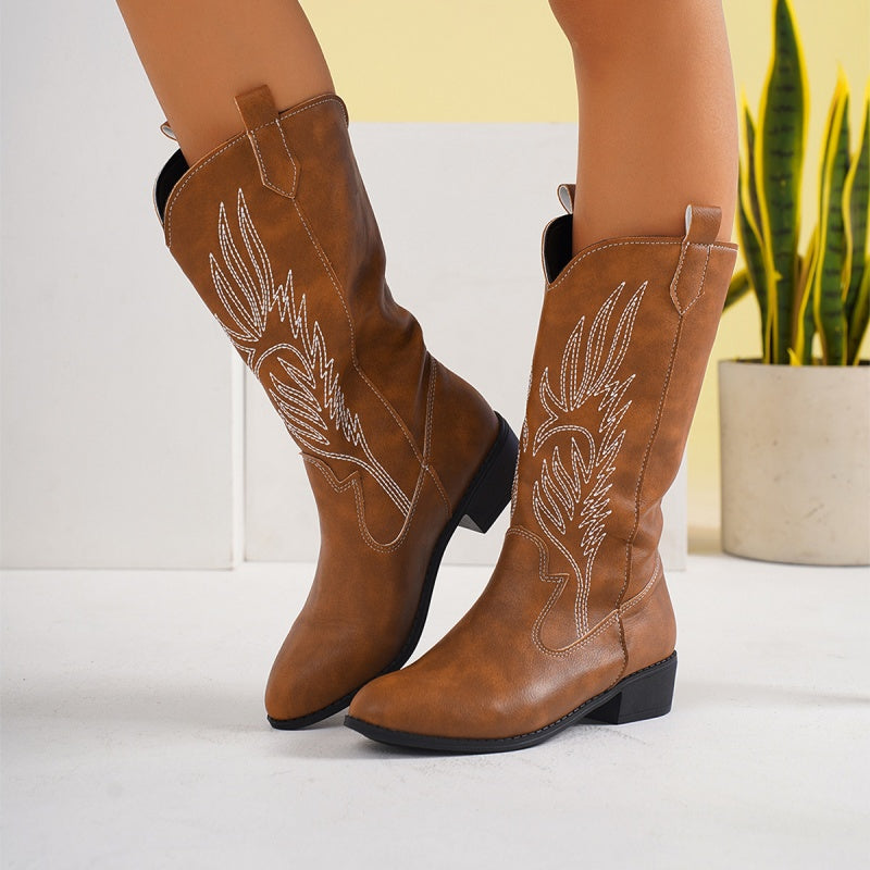 Wide Calf Cowgirl Boots With Classic Embroidered