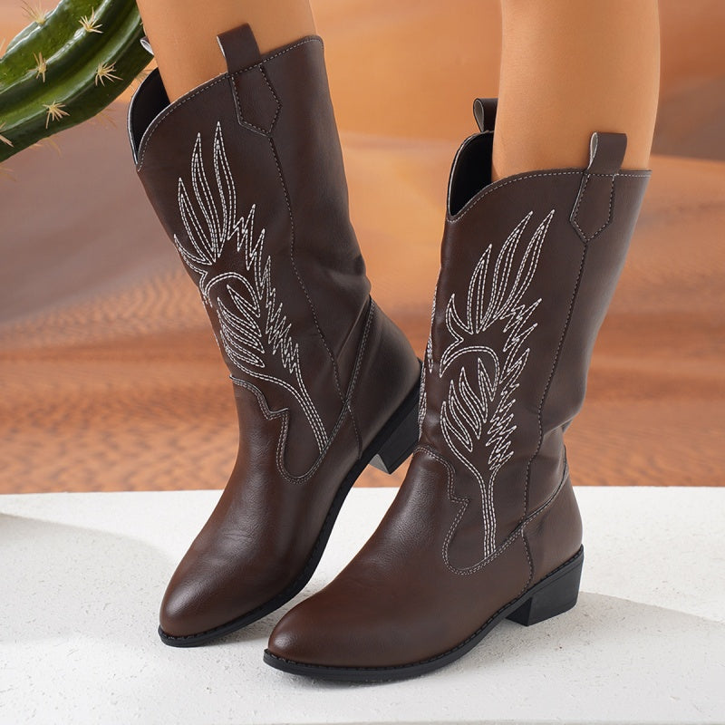 Wide Calf Cowgirl Boots With Classic Embroidered