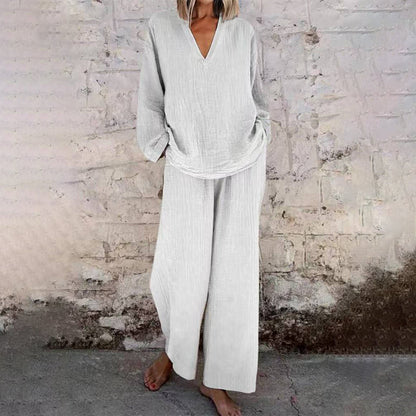 📢📢Limited Spring Edition⏰💡Designed in the USA💡Casual Solid Color V-Neck Long Sleeve Top & Wide-Leg Pants Set