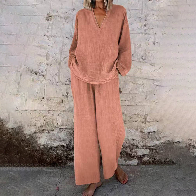 📢📢Limited Spring Edition⏰💡Designed in the USA💡Casual Solid Color V-Neck Long Sleeve Top & Wide-Leg Pants Set