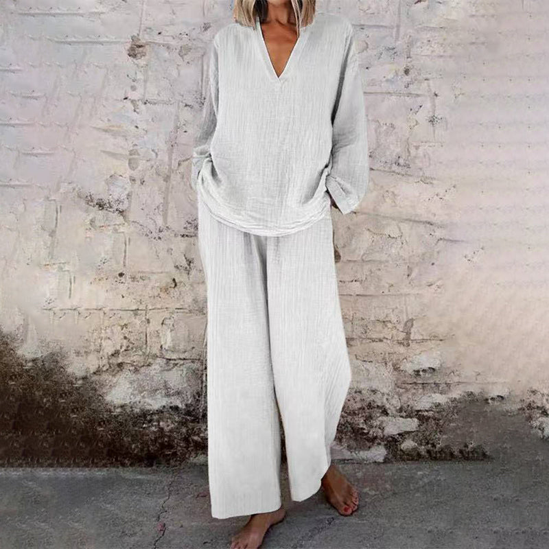 📢📢Limited Spring Edition⏰💡Designed in the USA💡Casual Solid Color V-Neck Long Sleeve Top & Wide-Leg Pants Set