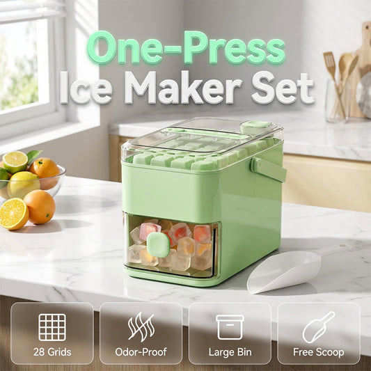One-Press Ice Cube Maker Set – 28-Grid & Odor-Proof Bin
