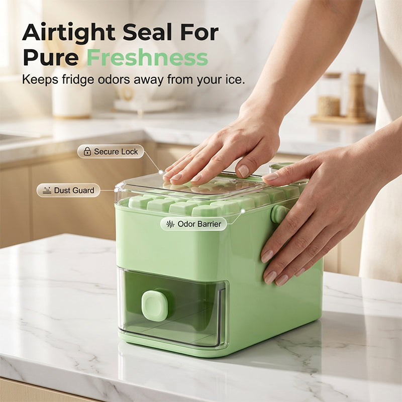 One-Press Ice Cube Maker Set – 28-Grid & Odor-Proof Bin