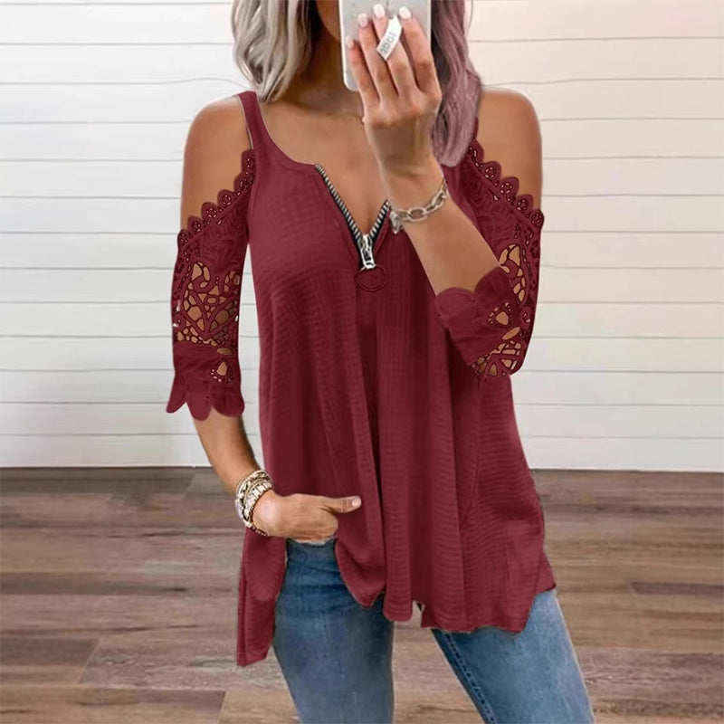 ⌛Limited-Time Offer-Women's Lace Cold Shoulder Top with Zipper