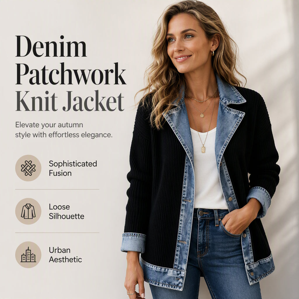 Seasonal Style🛍️Women’s Elegant Denim Spliced Ribbed Knit Coat