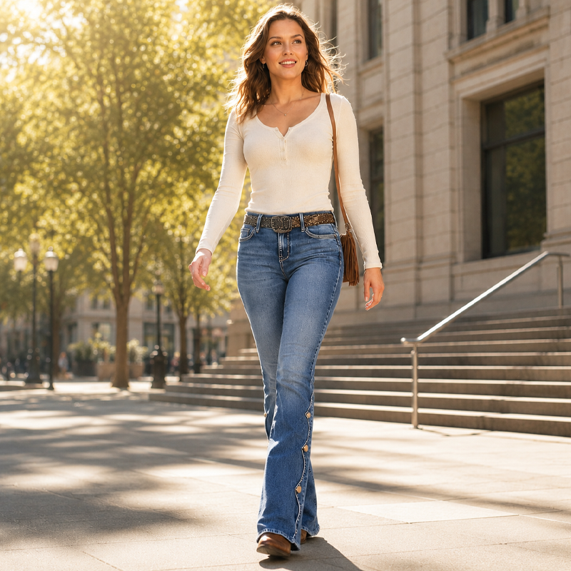 Women High Waisted Distressed Flare Jeans
