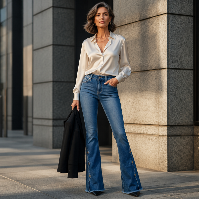 Women High Waisted Distressed Flare Jeans