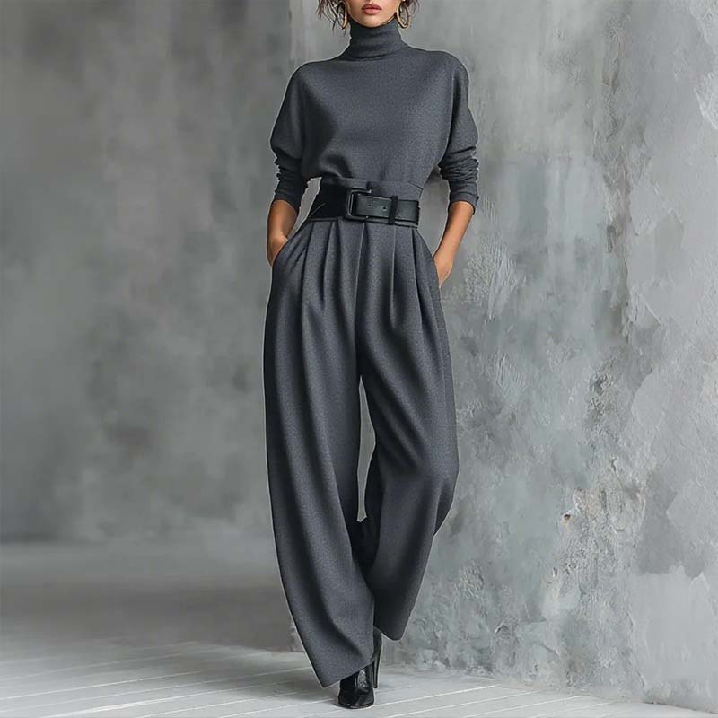 ✨ Effortless Elegance | Women's Turtleneck Top & High-Waist Pants 2-Piece Set