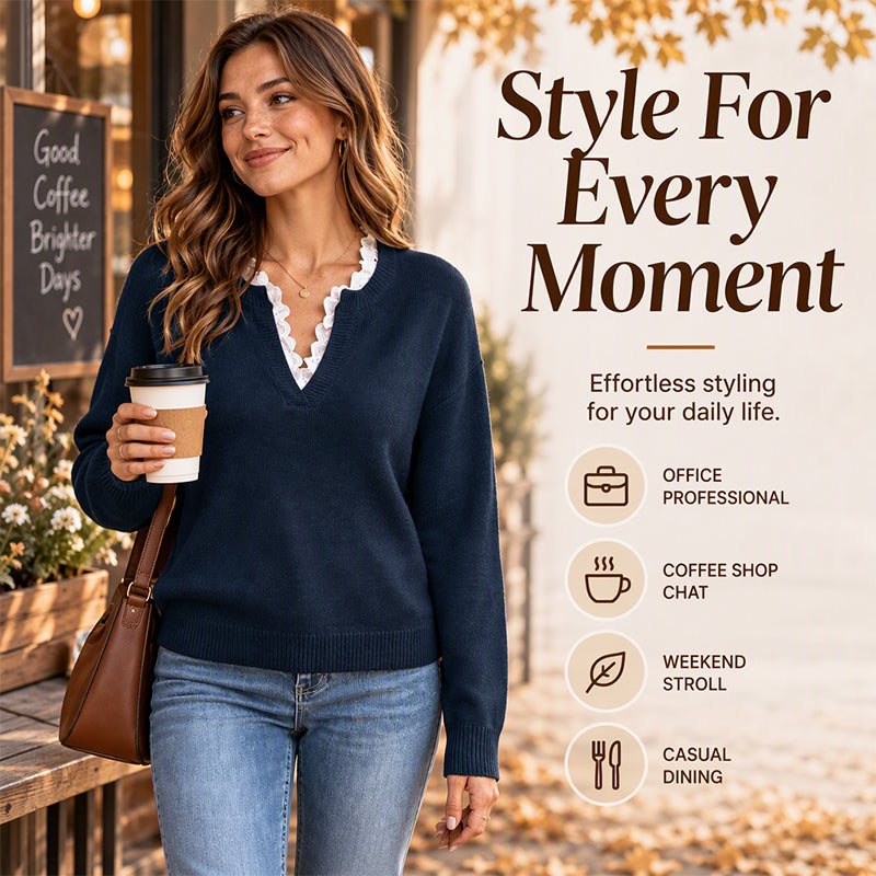 Women's Mock Neck Lace Trim Knit Sweater