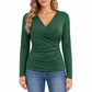 Women's Slim Fit V Neck Long Sleeve Ruched Waist Top for Spring and Autumn